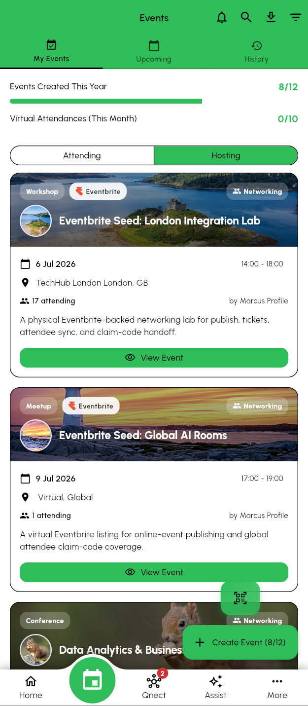NetQnect events screen with recommended events and registration actions