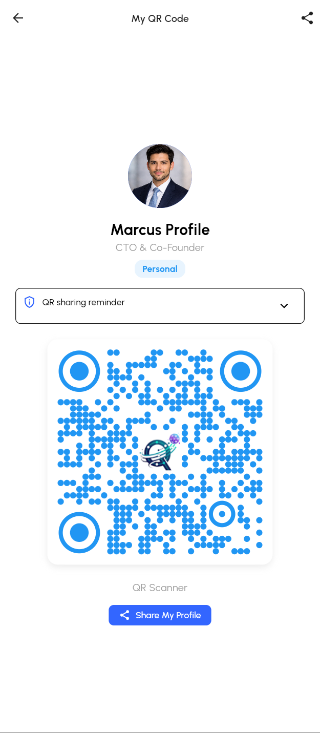 NetQnect QR Qnect request screen for scanning and sharing profile QR codes
